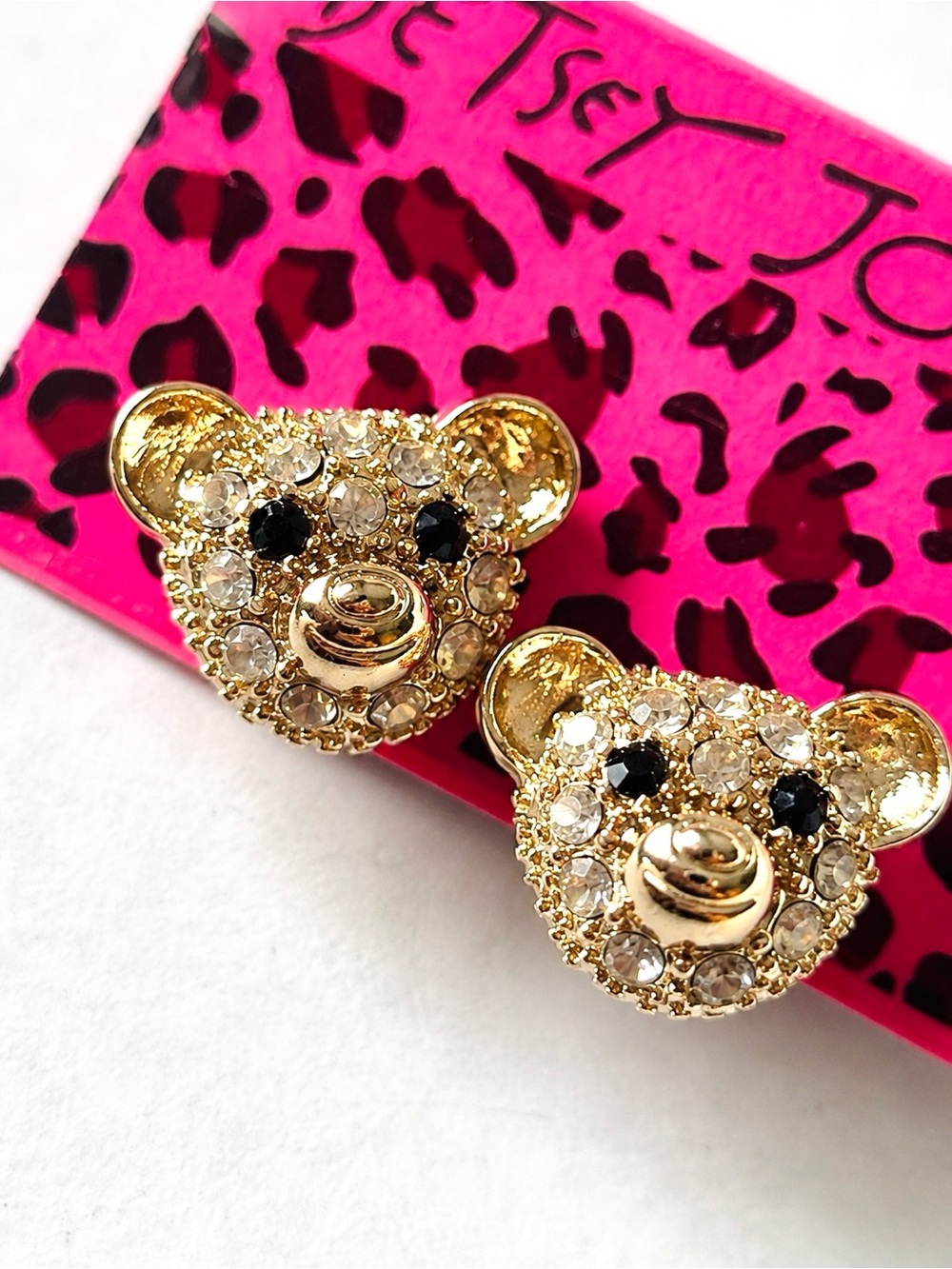 Betsey Johnson Gold & Clear Crystal Teddy Bear Stud Earrings with Black Eyes
